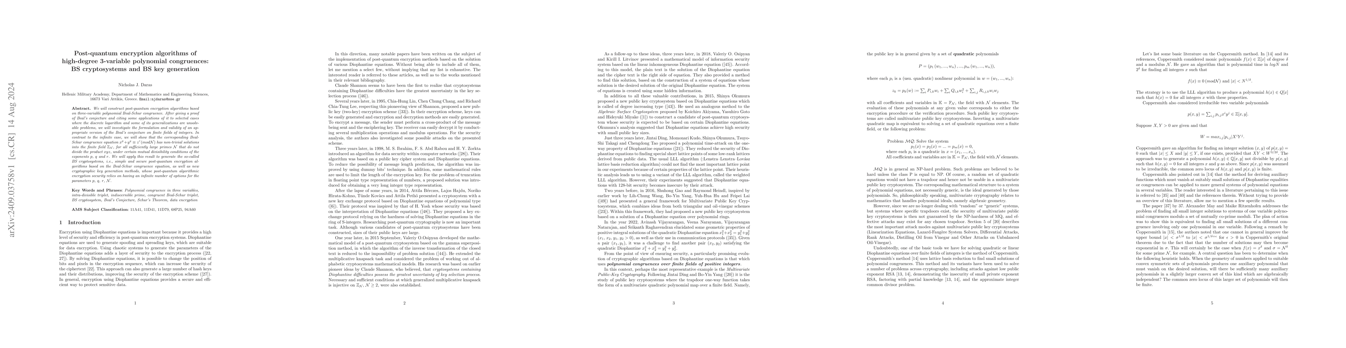 Thumbnail for Post-quantum encryption algorithms of high-degree 3-variable polynomial
  congruences: BS cryptosystems and BS key generation