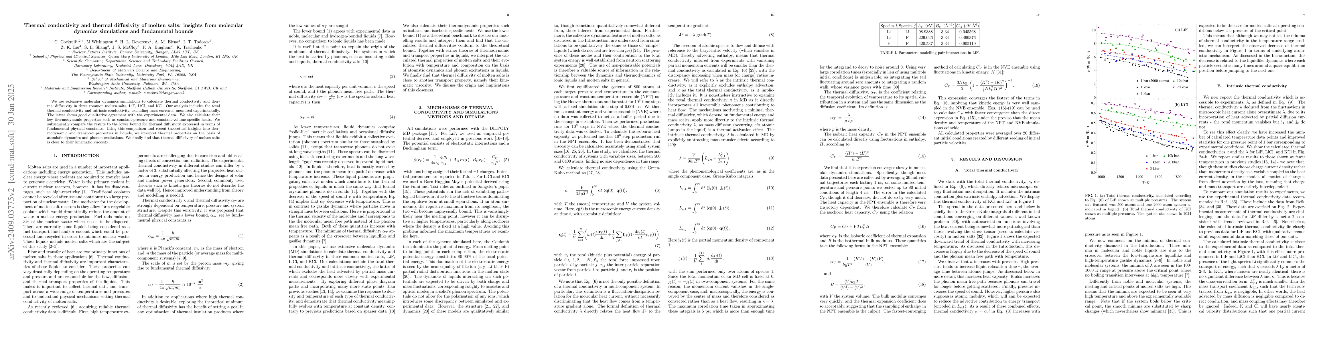 Thumbnail for Thermal conductivity and thermal diffusivity of molten salts: insights
  from molecular dynamics simulations and fundamental bounds