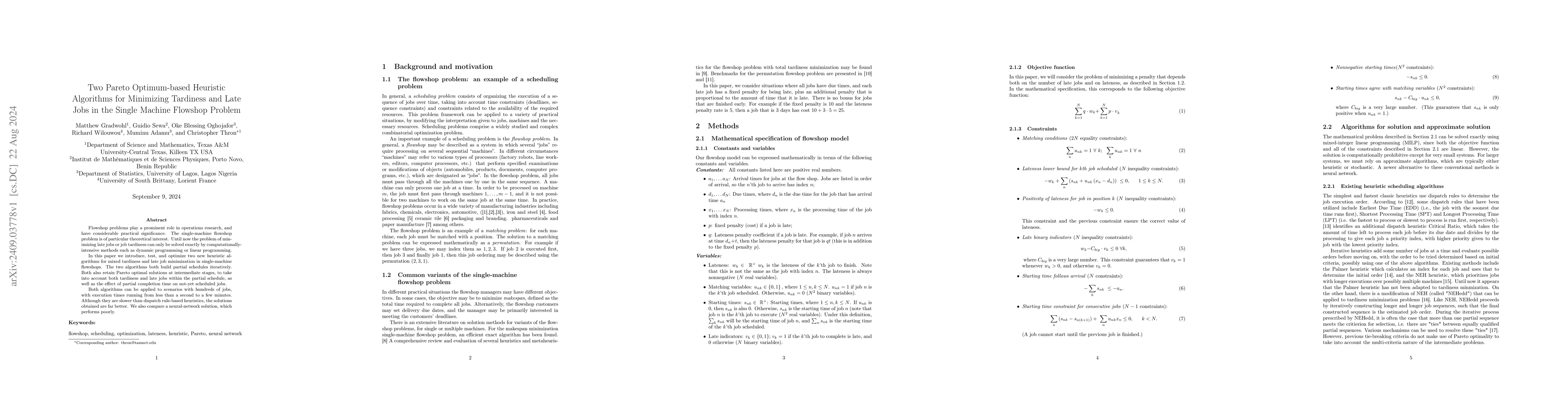 Thumbnail for Two Pareto Optimum-based Heuristic Algorithms for Minimizing Tardiness
  and Late Jobs in the Single Machine Flowshop Problem