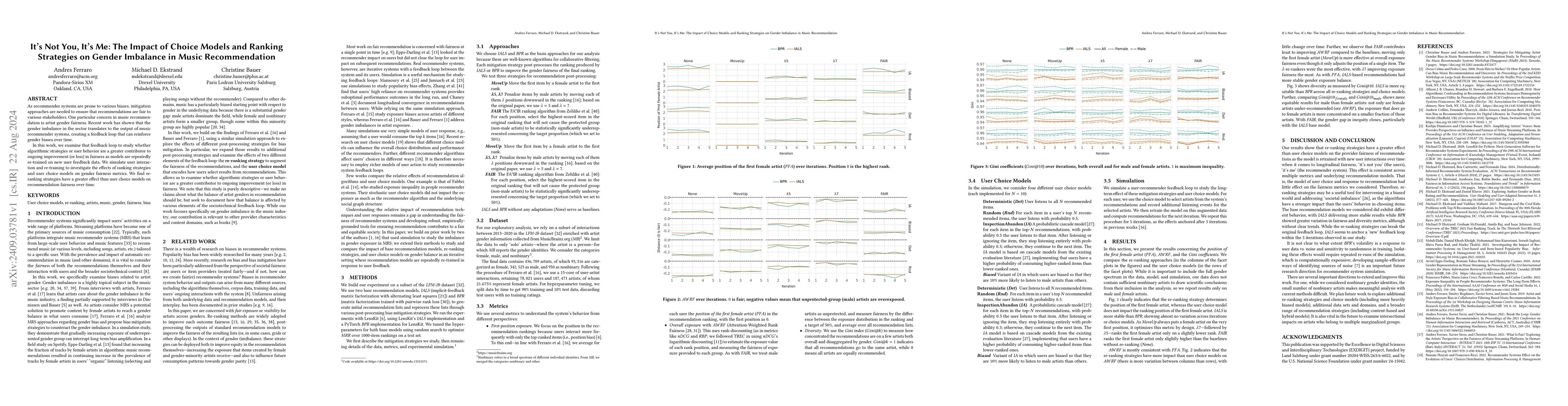 Thumbnail for It's Not You, It's Me: The Impact of Choice Models and Ranking
  Strategies on Gender Imbalance in Music Recommendation