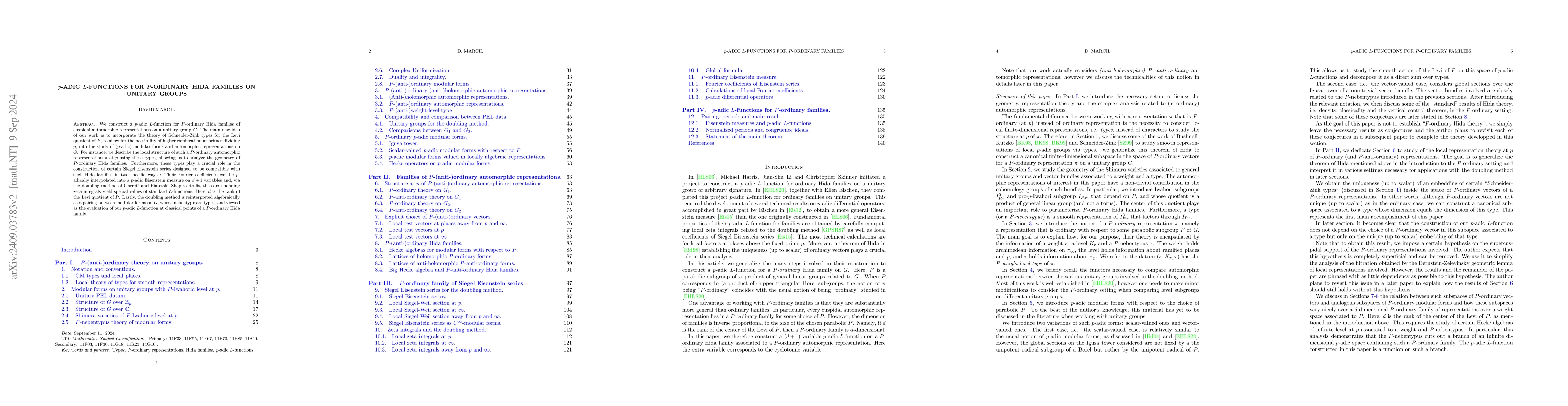 Thumbnail for $p$-adic $L$-functions for $P$-ordinary Hida families on unitary groups