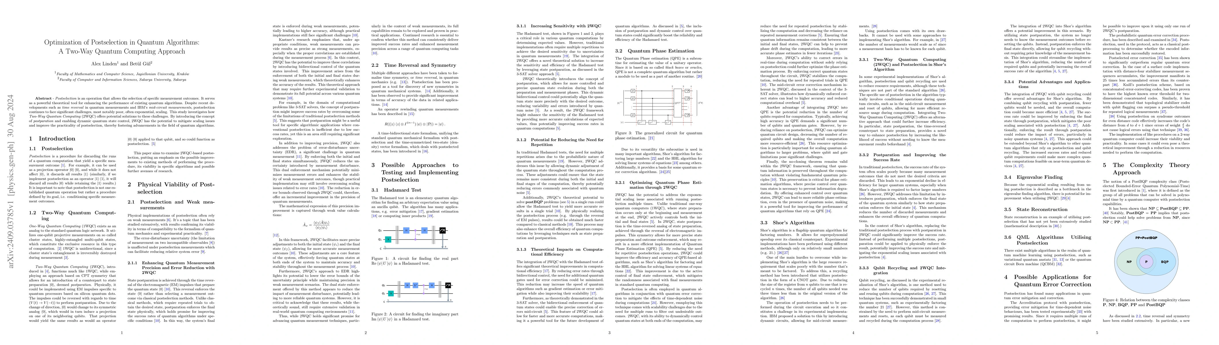 Thumbnail for Optimization of Postselection in Quantum Algorithms: A Two-Way Quantum
  Computing Approach