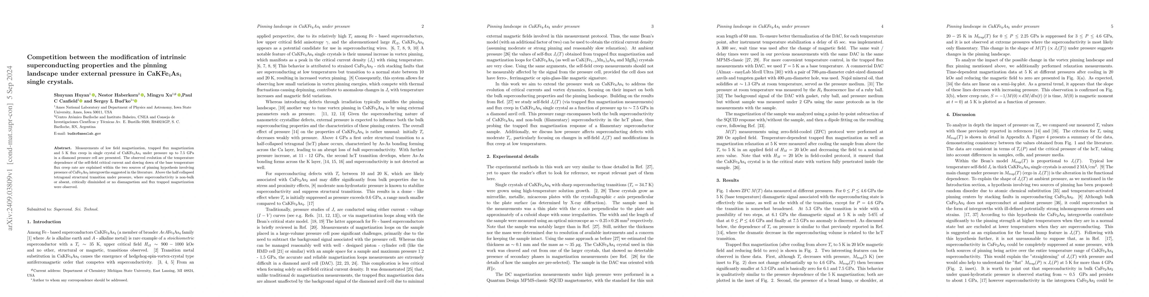 Thumbnail for Competition between the modification of intrinsic superconducting
  properties and the pinning landscape under external pressure in
  CaKFe$_4$As$_4$ single crystals