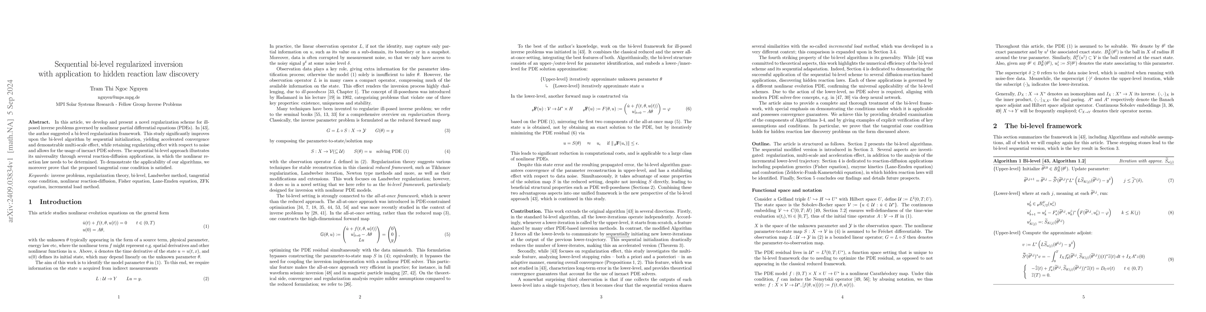 Thumbnail for Sequential bi-level regularized inversion with application to hidden
  reaction law discovery