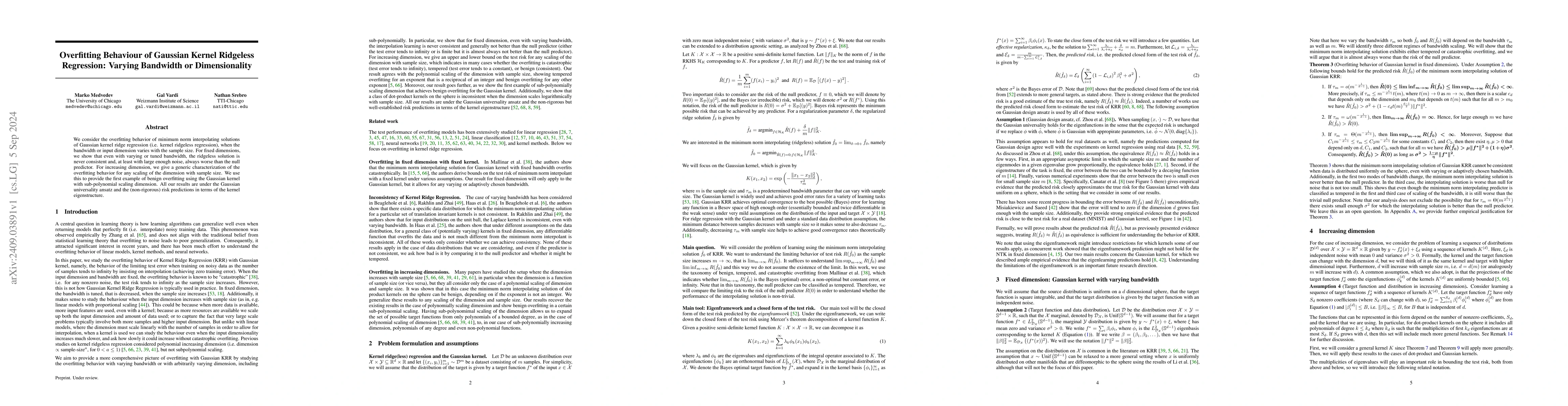 Thumbnail for Overfitting Behaviour of Gaussian Kernel Ridgeless Regression: Varying
  Bandwidth or Dimensionality