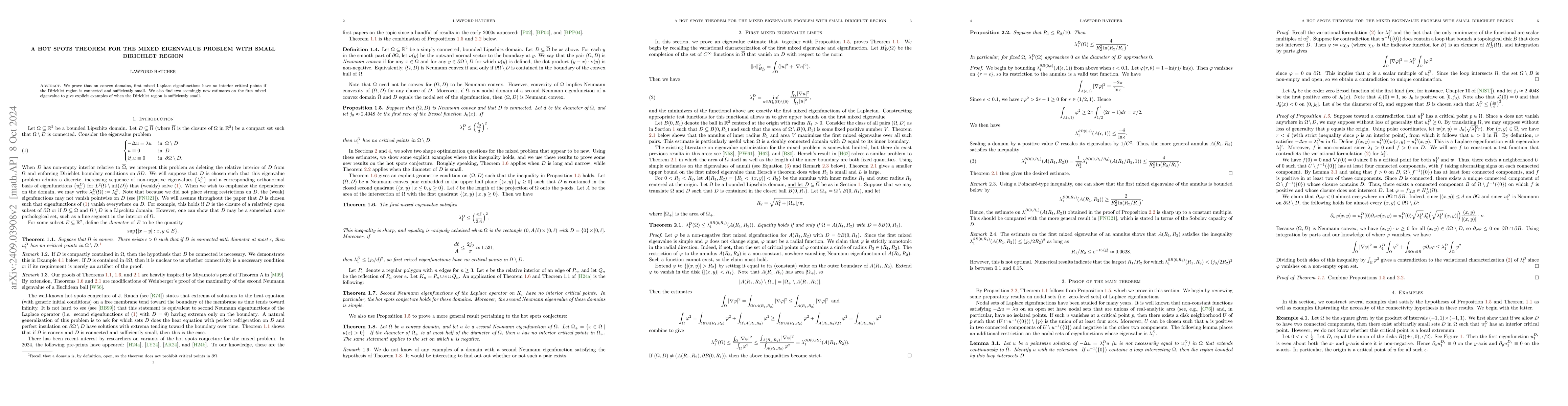 Thumbnail for A hot spots theorem for the mixed eigenvalue problem with small
  Dirichlet region