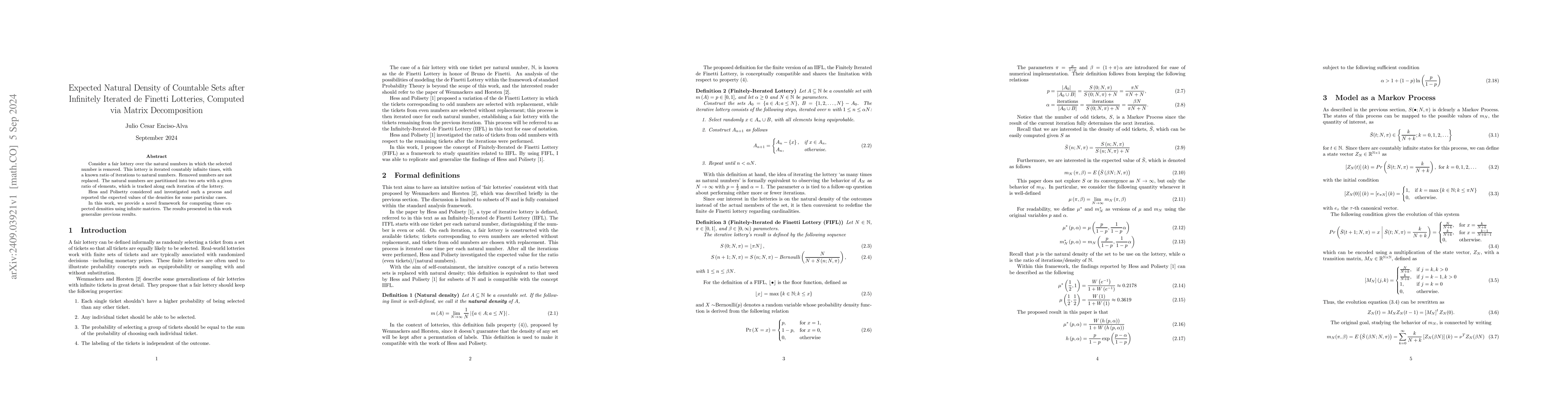 Thumbnail for Expected Natural Density of Countable Sets after Infinitely Iterated de
  Finetti Lotteries, Computed via Matrix Decomposition