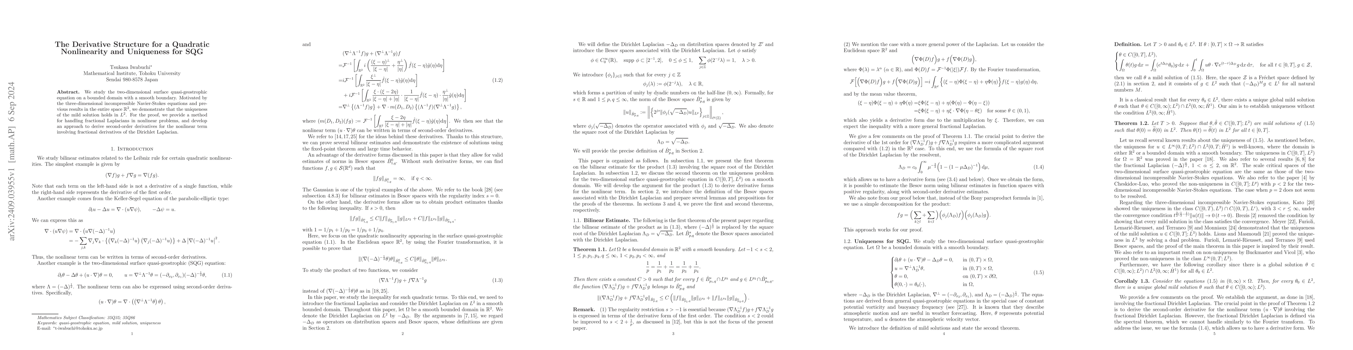 Thumbnail for The Derivative Structure for a Quadratic Nonlinearity and Uniqueness for
  SQG
