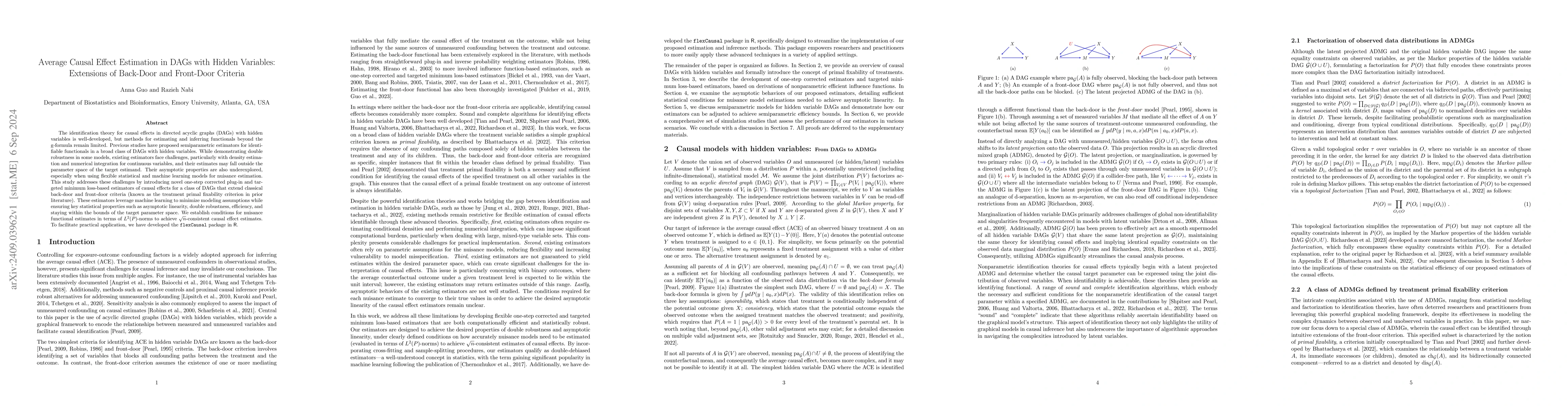 Thumbnail for Average Causal Effect Estimation in DAGs with Hidden Variables:
  Extensions of Back-Door and Front-Door Criteria