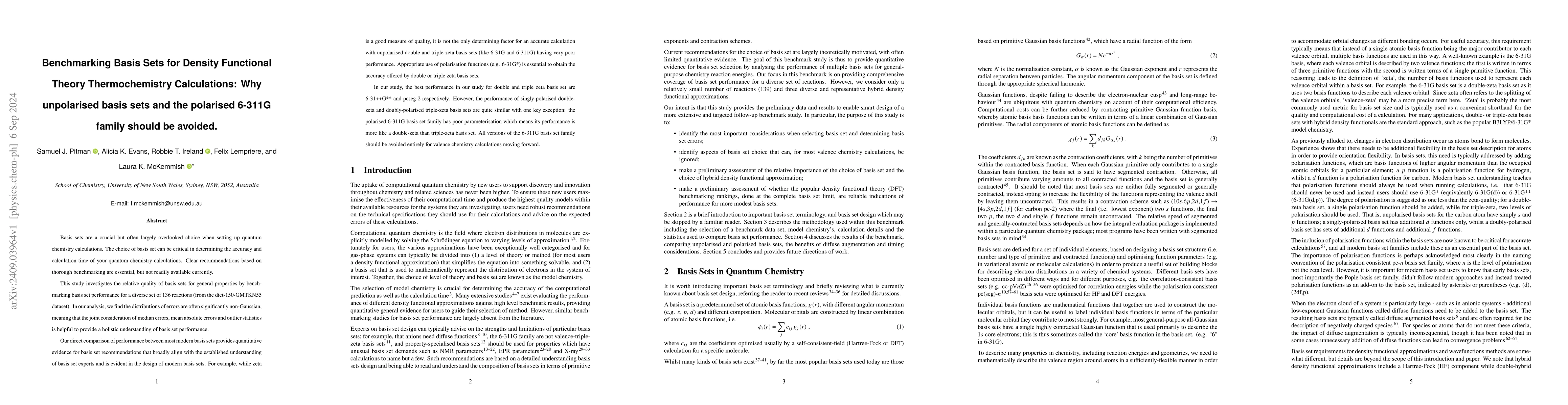 Thumbnail for Benchmarking Basis Sets for Density Functional Theory Thermochemistry
  Calculations: Why unpolarised basis sets and the polarised 6-311G family
  should be avoided