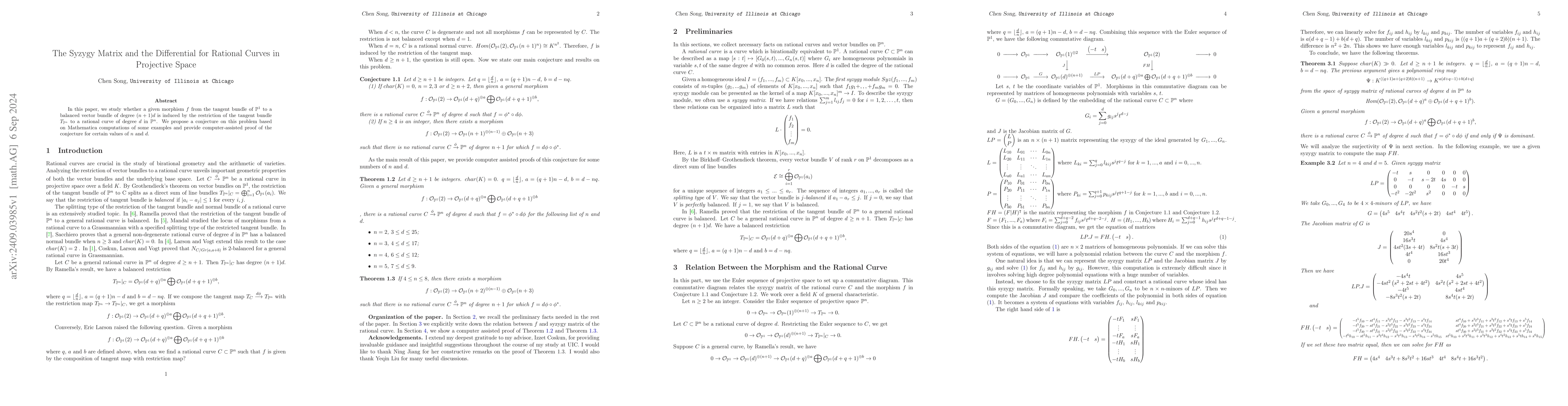 Thumbnail for The Syzygy Matrix and the Differential for Rational Curves in Projective
  Space
