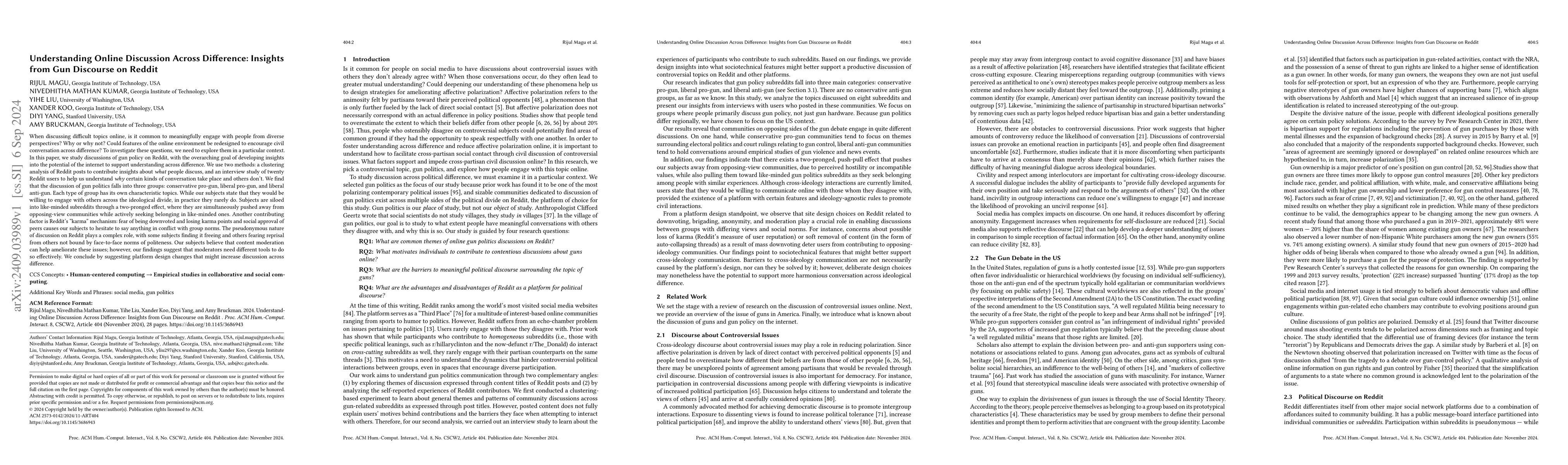 Thumbnail for Understanding Online Discussion Across Difference: Insights from Gun
  Discourse on Reddit