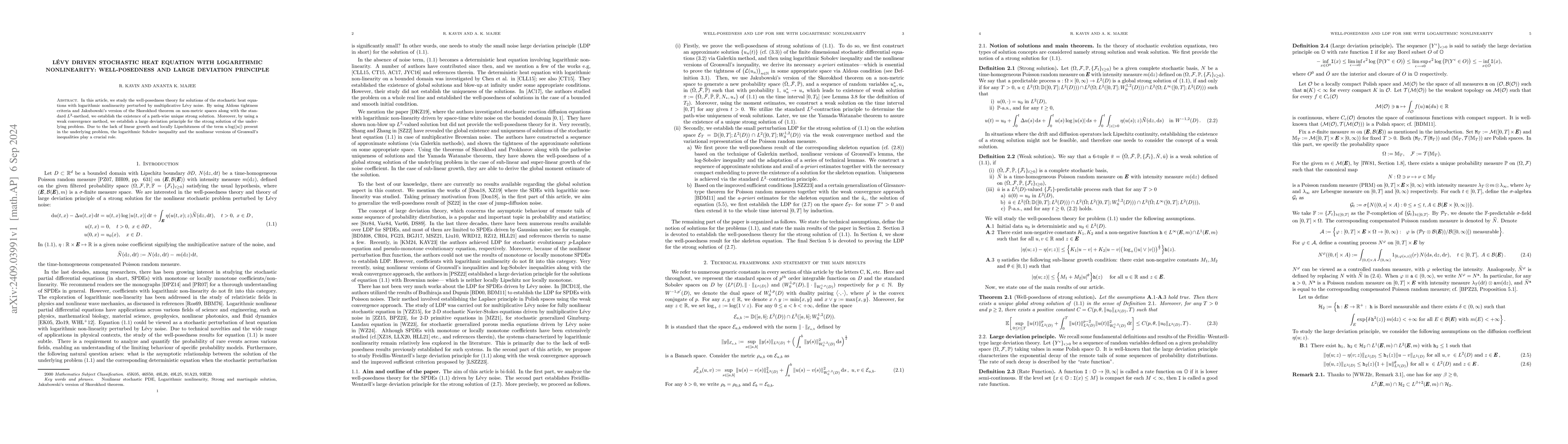 Thumbnail for Levy driven stochastic heat equation with logarithmic nonlinearity:
  Well-posedness and Large deviation principle