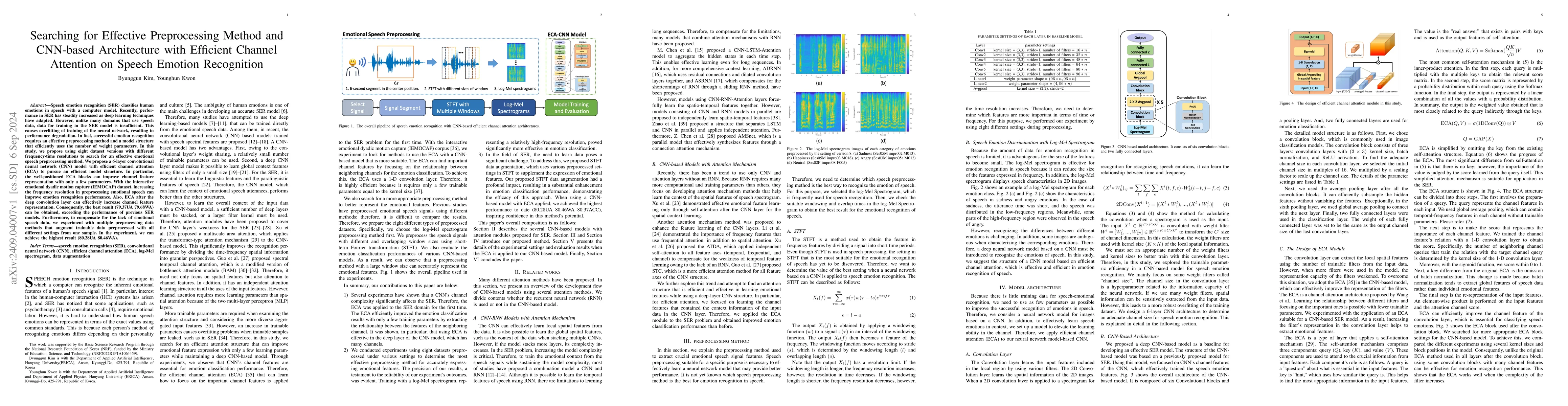 Thumbnail for Searching for Effective Preprocessing Method and CNN-based Architecture
  with Efficient Channel Attention on Speech Emotion Recognition