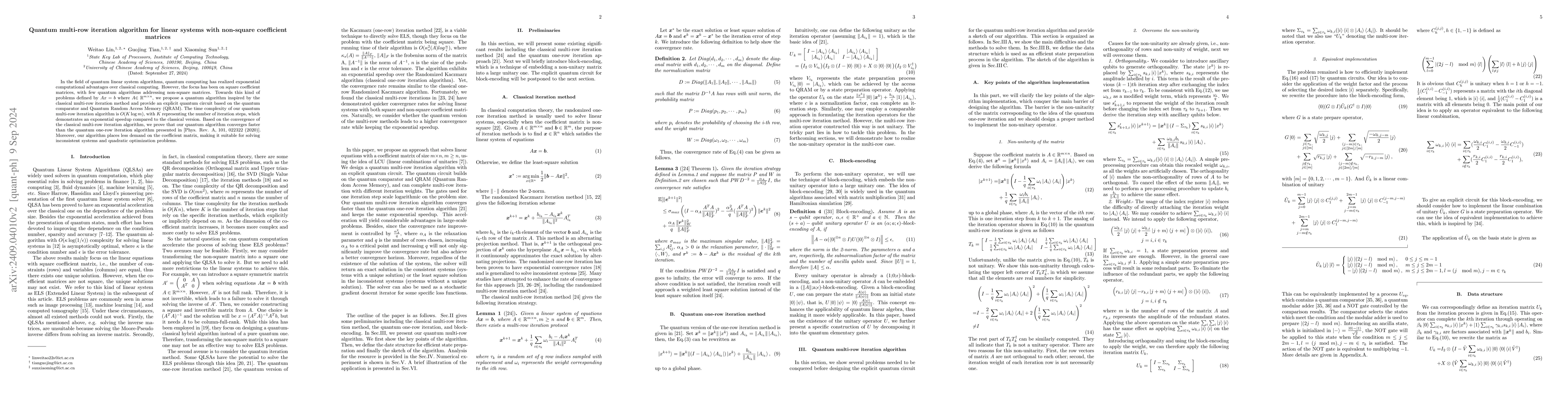 Thumbnail for Quantum multi-row iteration algorithm for linear systems with non-square
  coefficient matrices