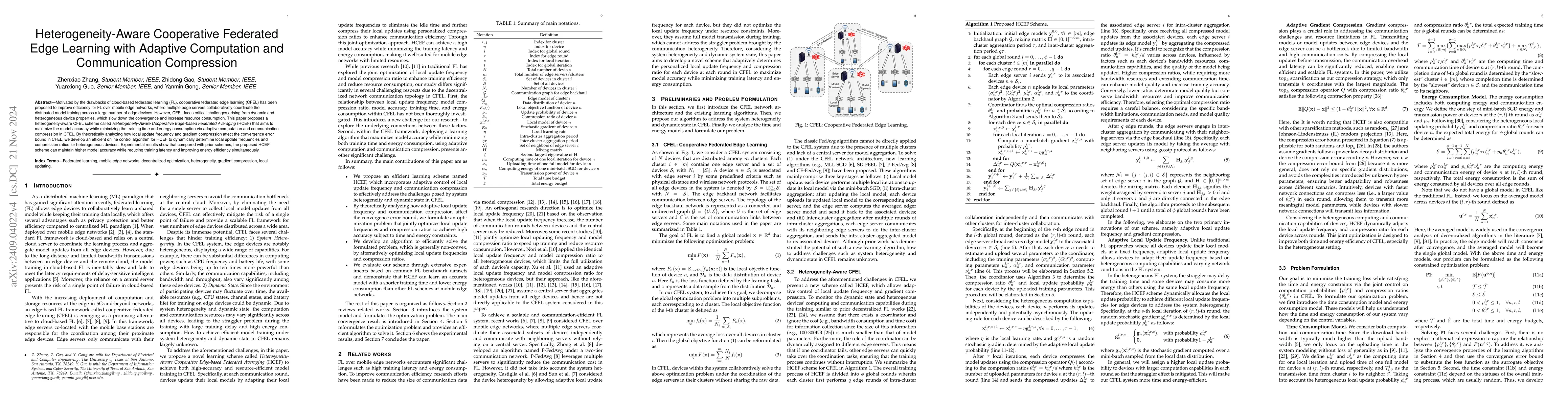 Thumbnail for Heterogeneity-Aware Cooperative Federated Edge Learning with Adaptive
  Computation and Communication Compression