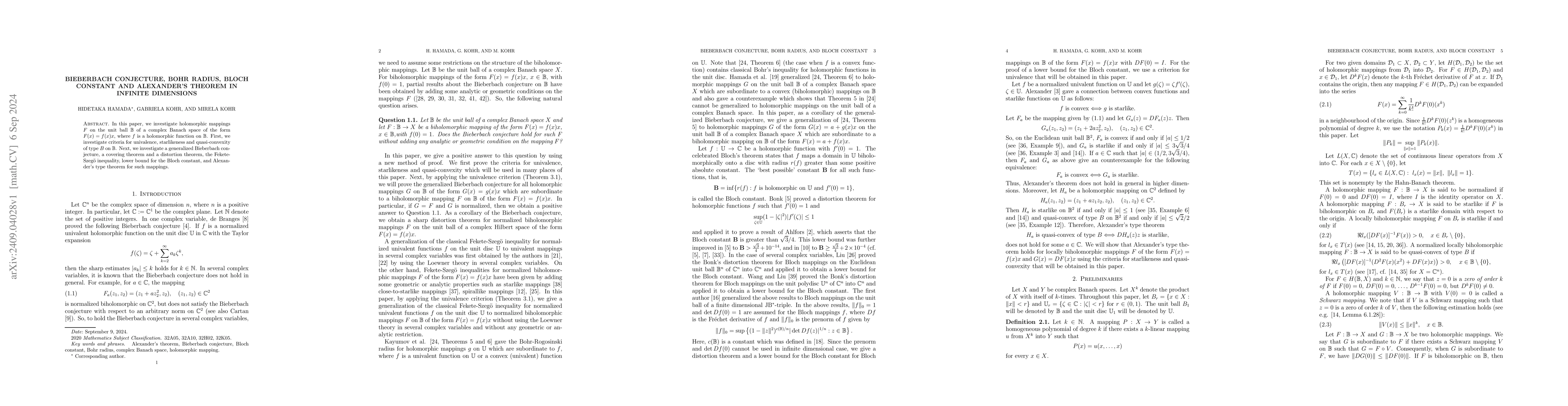 Thumbnail for Bieberbach conjecture, Bohr radius, Bloch constant and Alexander's
  theorem in infinite dimensions