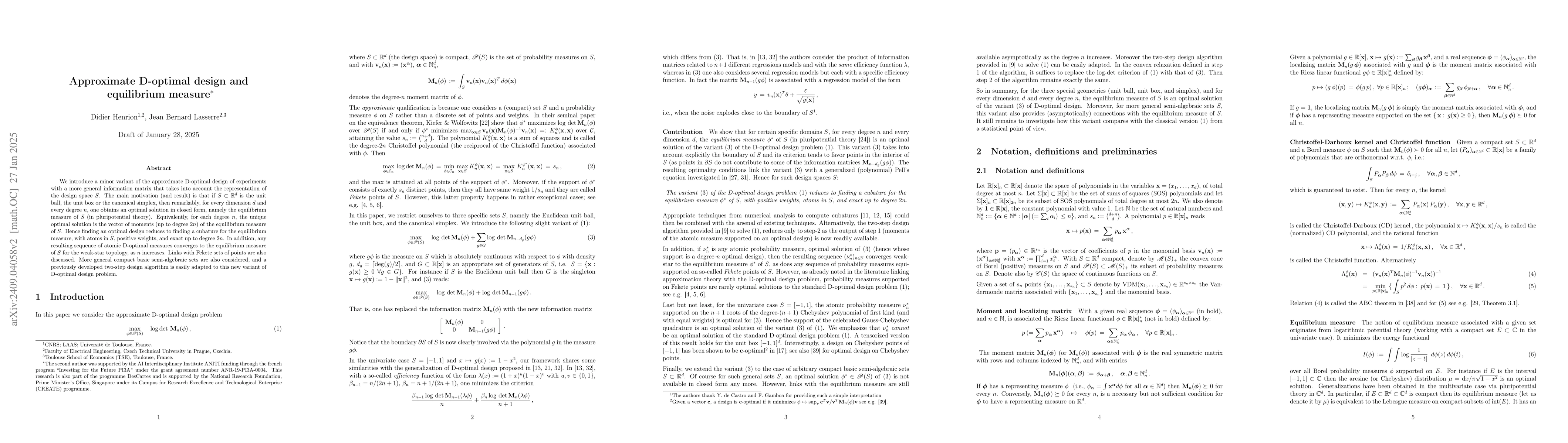 Thumbnail for Approximate D-optimal design and equilibrium measure *