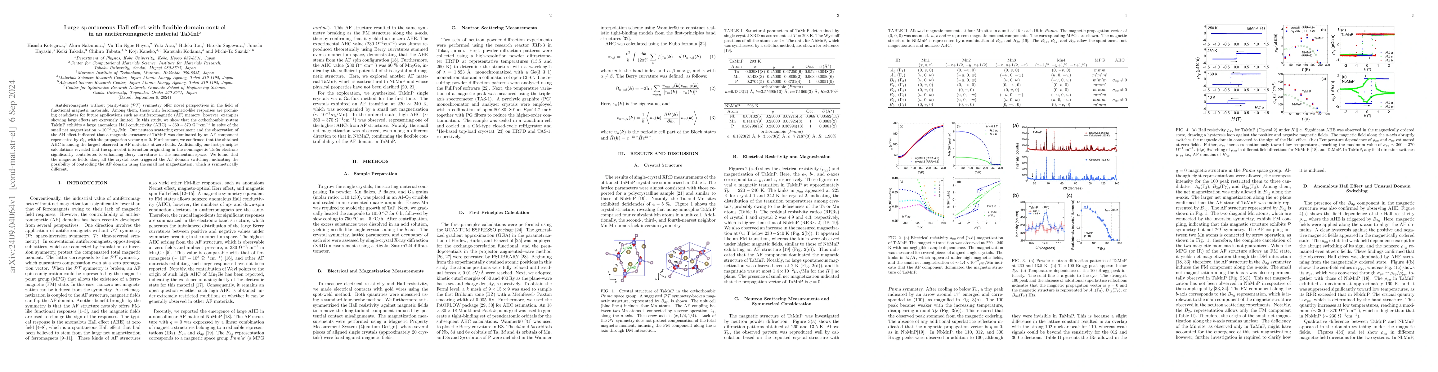 Thumbnail for Large spontaneous Hall effect with flexible domain control in an
  antiferromagnetic material TaMnP