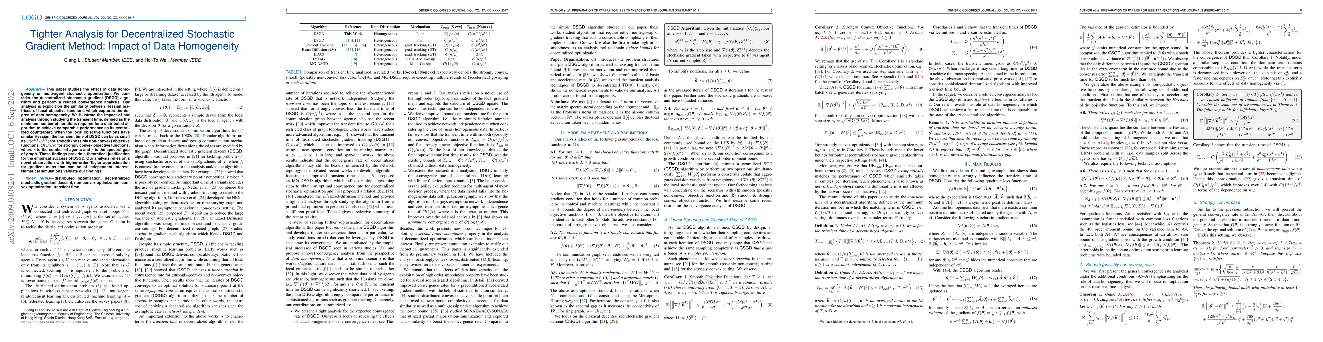 Thumbnail for Tighter Analysis for Decentralized Stochastic Gradient Method: Impact of
  Data Homogeneity