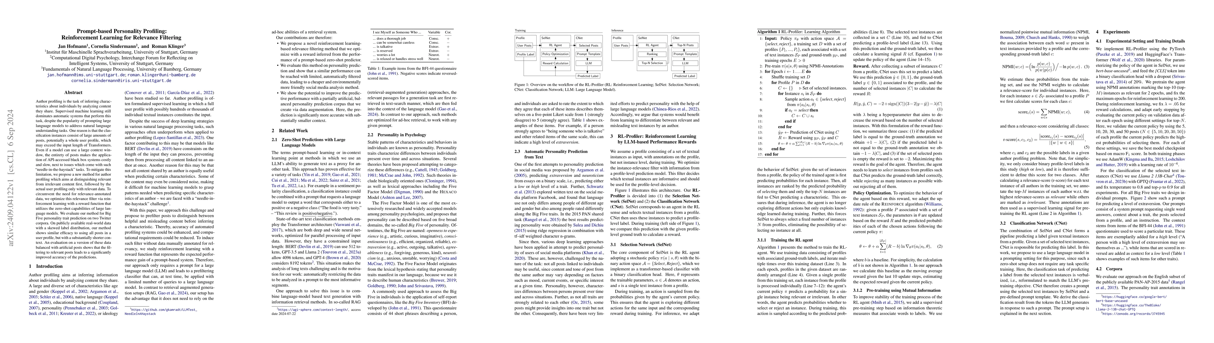 Thumbnail for Prompt-based Personality Profiling: Reinforcement Learning for Relevance
  Filtering