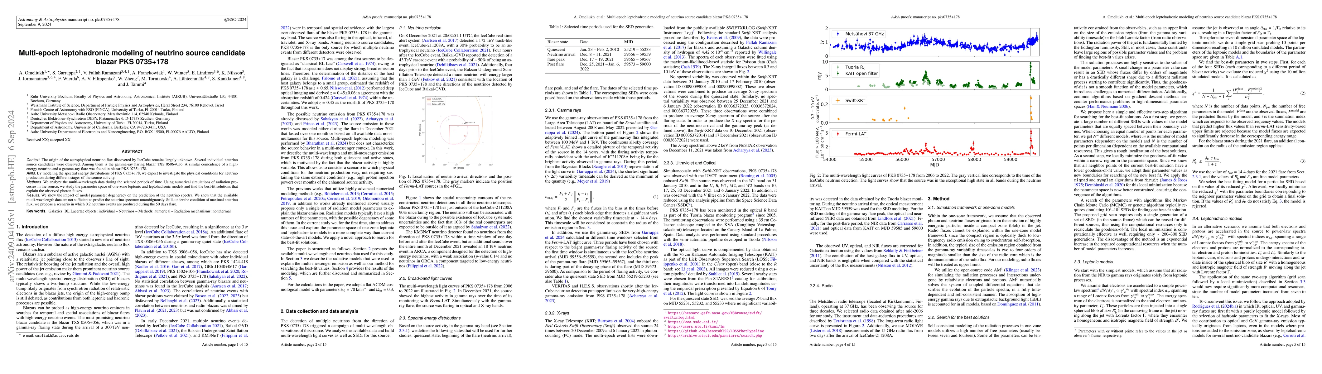 Thumbnail for Multi-epoch leptohadronic modeling of neutrino source candidate blazar
  PKS 0735+178