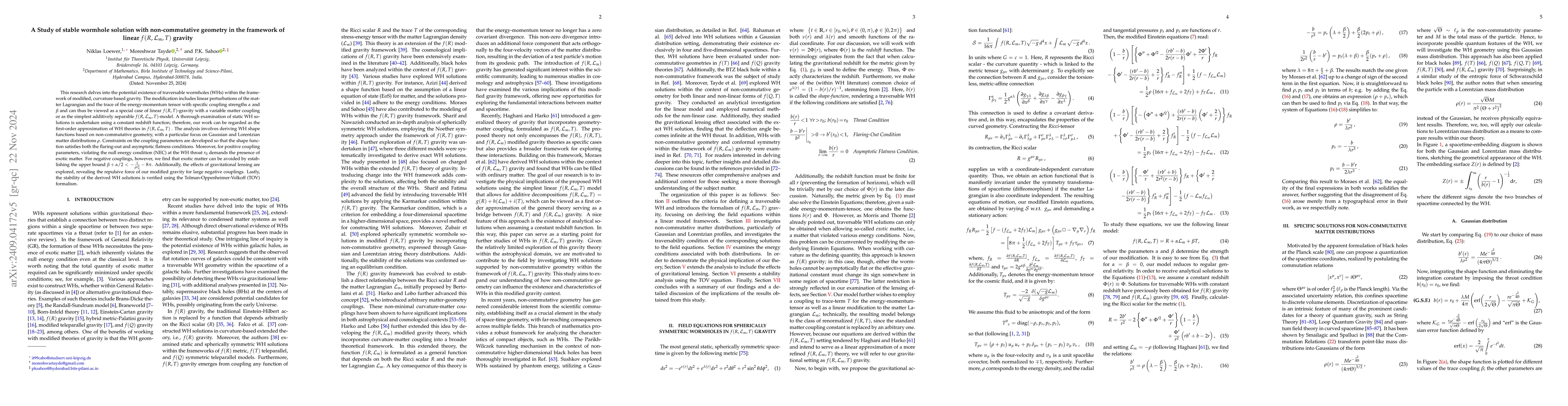 Thumbnail for A Study of stable wormhole solution with non-commutative geometry in the
  framework of $f(R,\mathcal{L}_m, T)$ gravity
