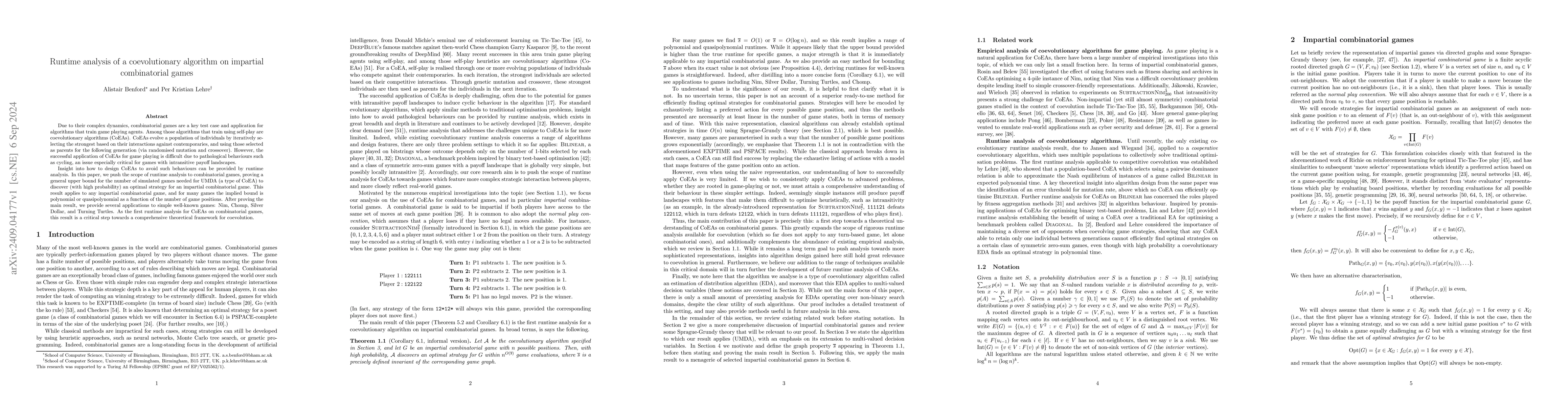 Thumbnail for Runtime analysis of a coevolutionary algorithm on impartial
  combinatorial games