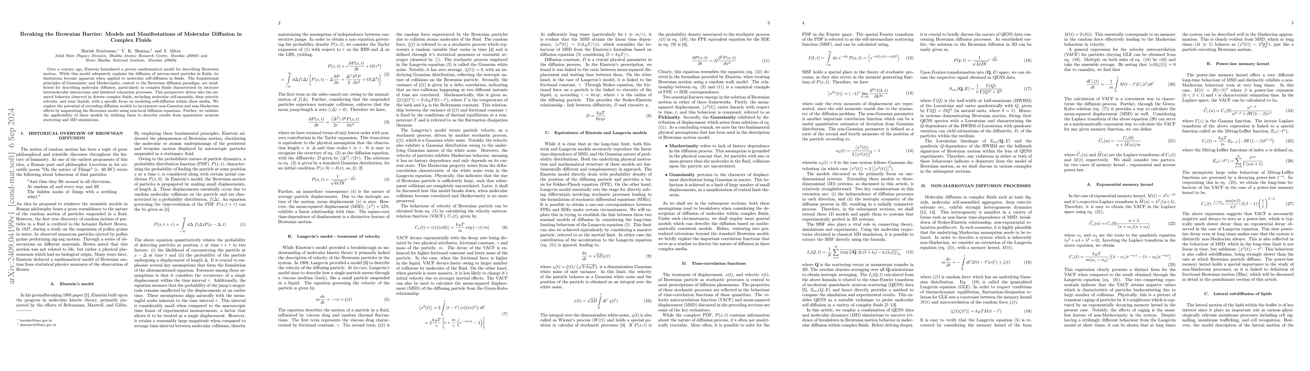 Thumbnail for Breaking the Brownian Barrier: Models and Manifestations of Molecular
  Diffusion in Complex Fluids