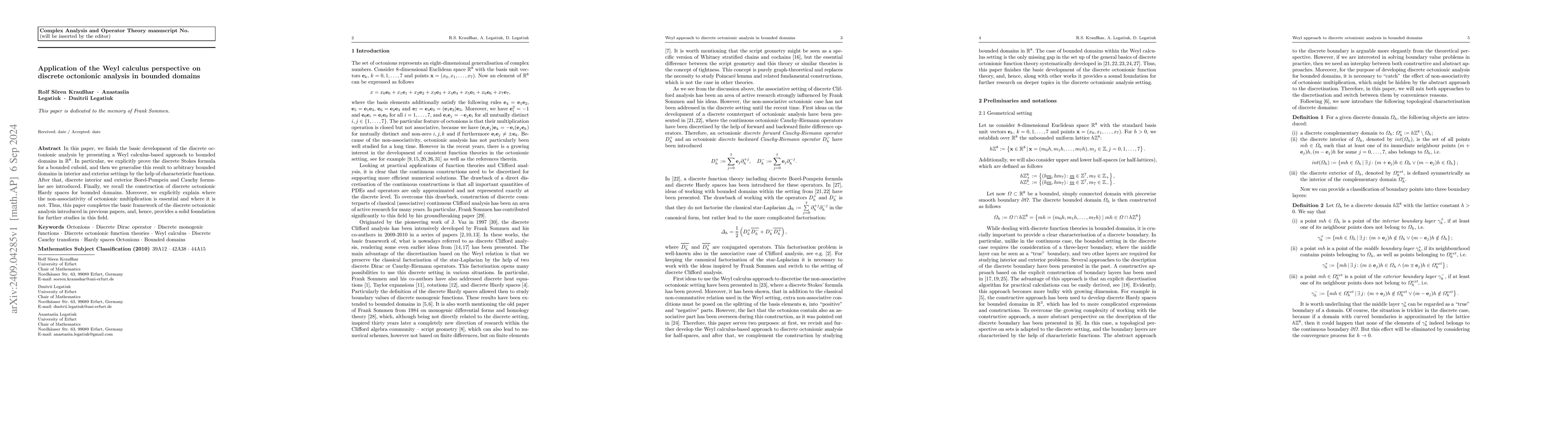Thumbnail for Application of the Weyl calculus perspective on discrete octonionic
  analysis in bounded domains