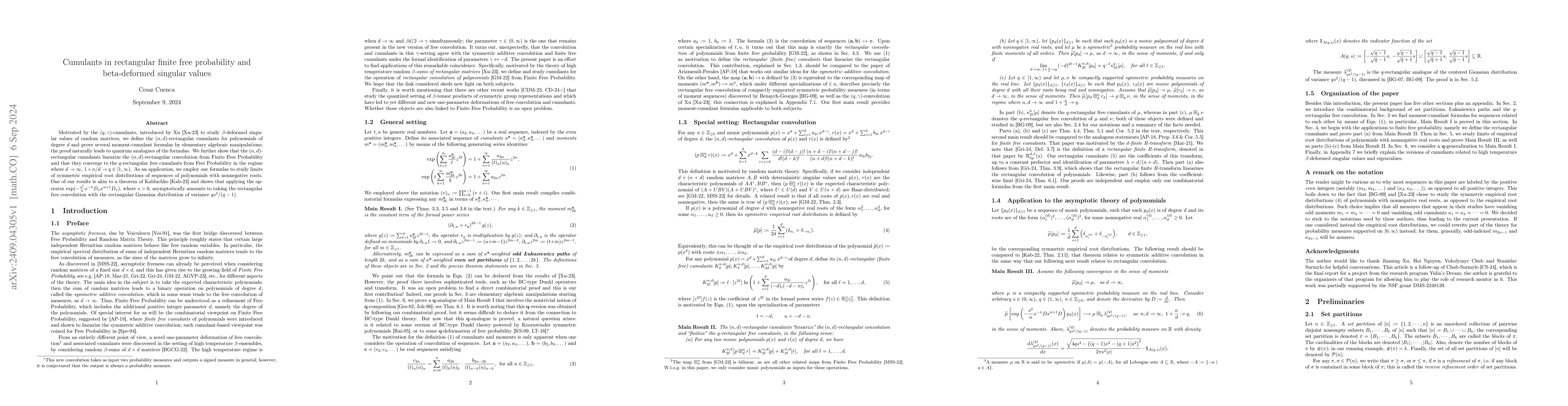 Thumbnail for Cumulants in rectangular finite free probability and beta-deformed
  singular values