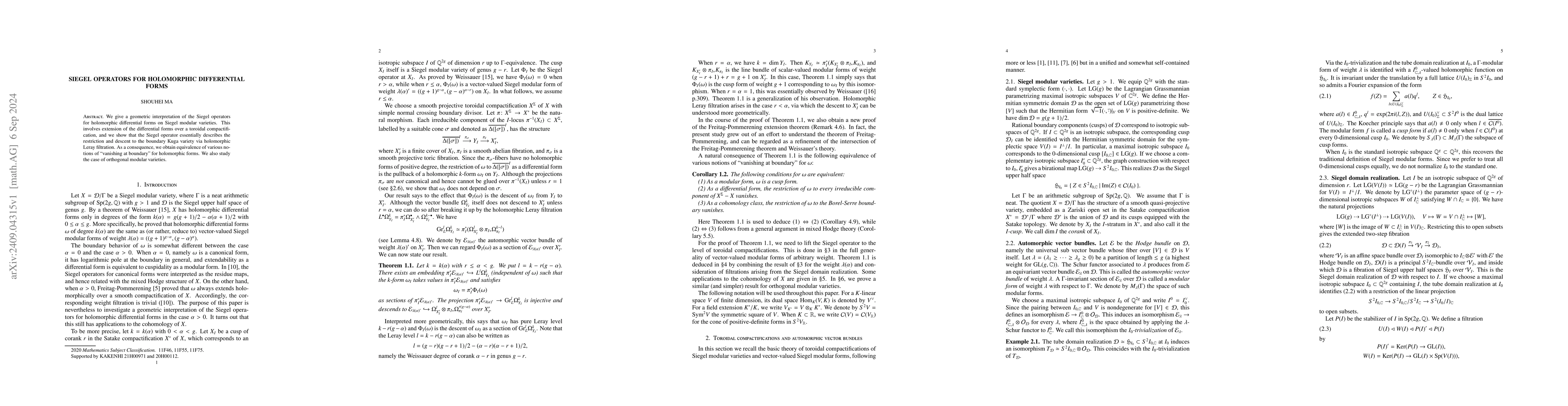 Thumbnail for Siegel operators for holomorphic differential forms