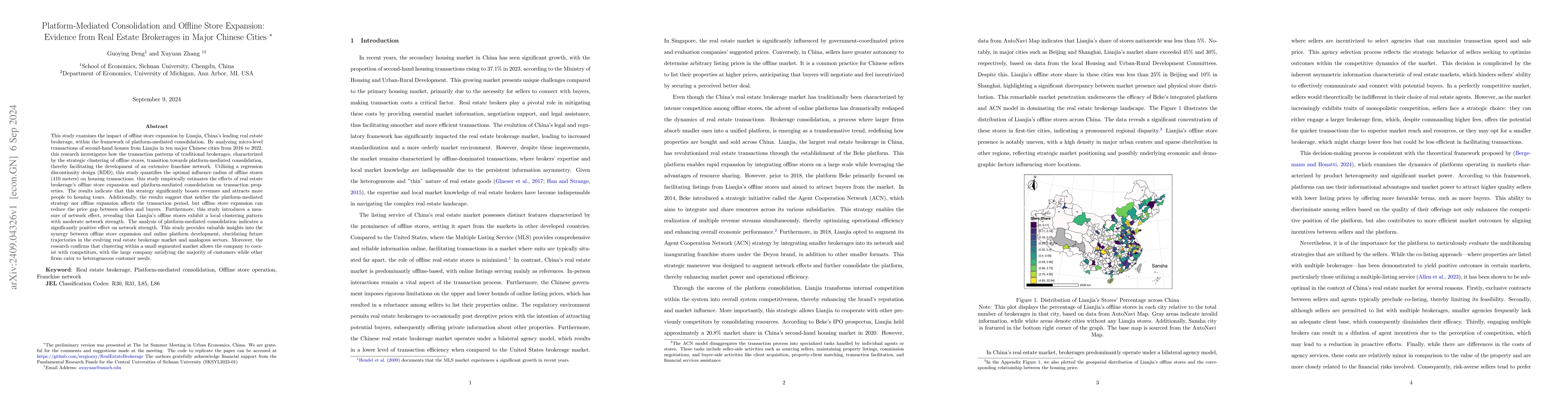 Thumbnail for Platform-Mediated Consolidation and Offline Store Expansion: Evidence
  from Real Estate Brokerages in Major Chinese Cities