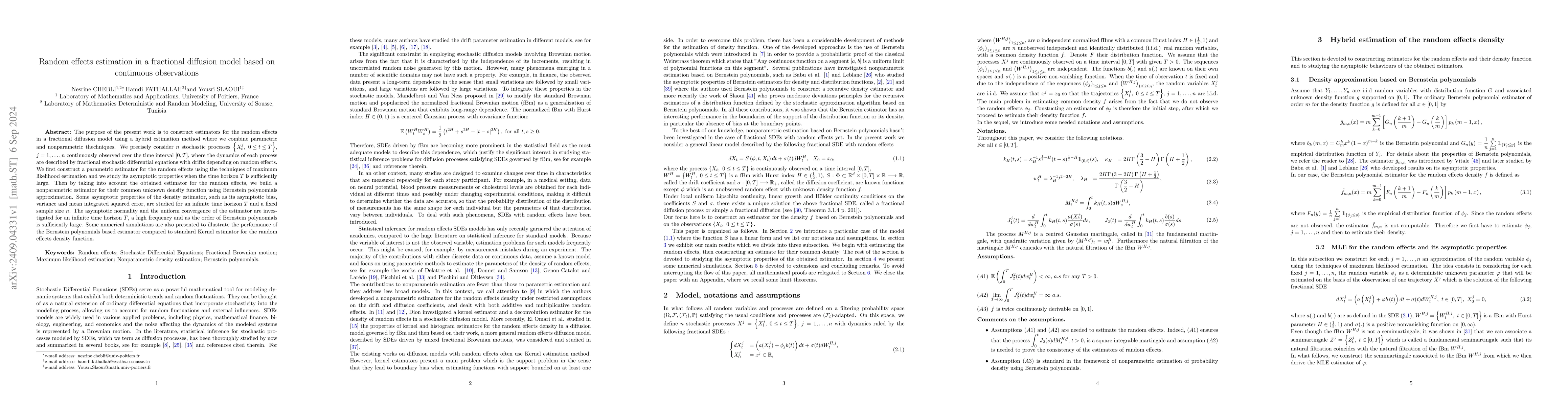 Thumbnail for Random effects estimation in a fractional diffusion model based on
  continuous observations