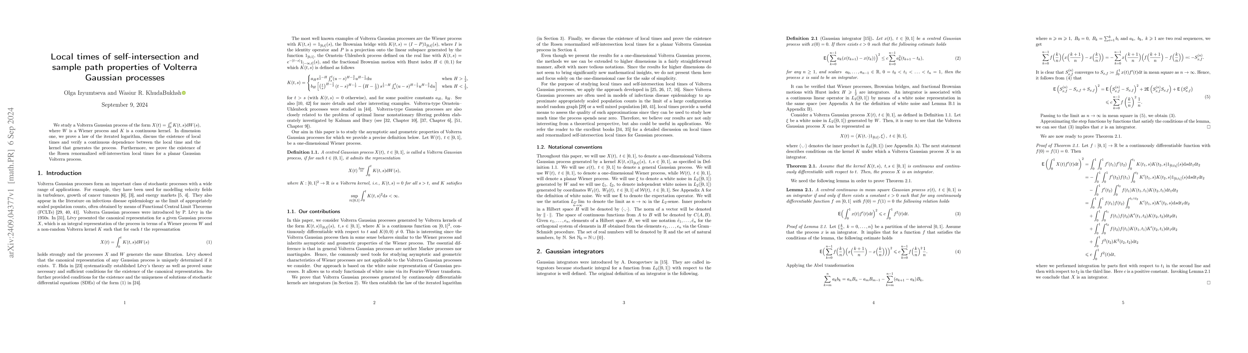 Thumbnail for Local times of self-intersection and sample path properties of Volterra
  Gaussian processes