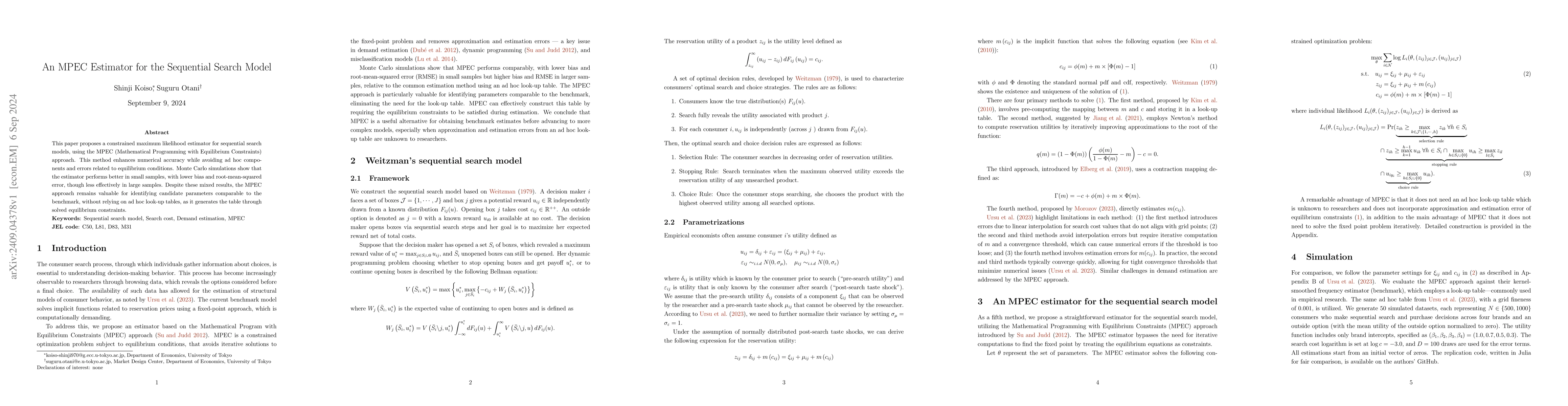Thumbnail for An MPEC Estimator for the Sequential Search Model