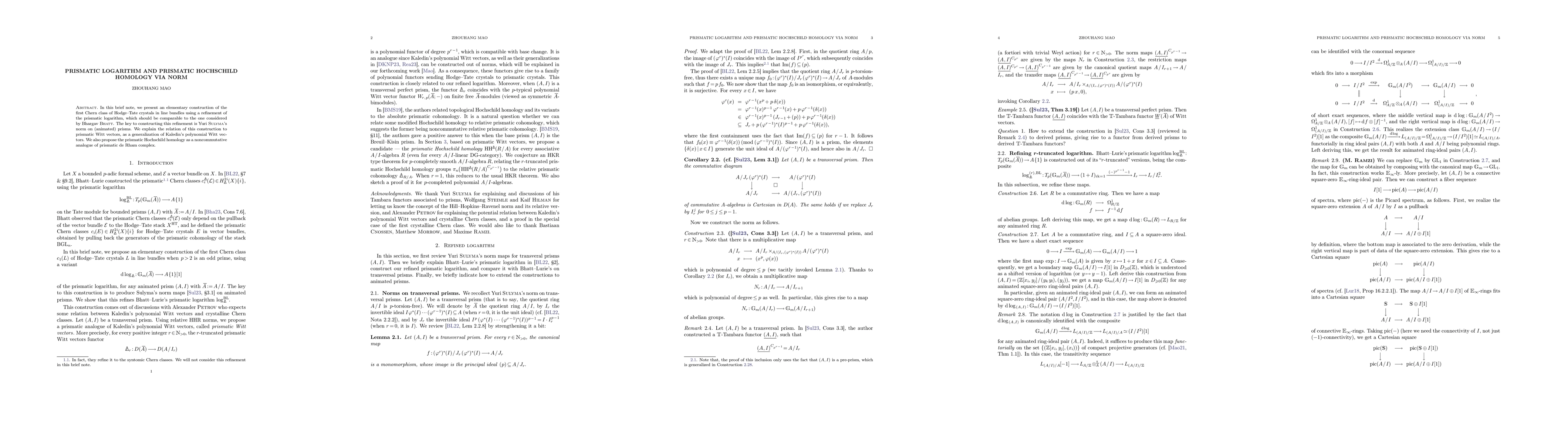 Thumbnail for Prismatic logarithm and prismatic Hochschild homology via norm