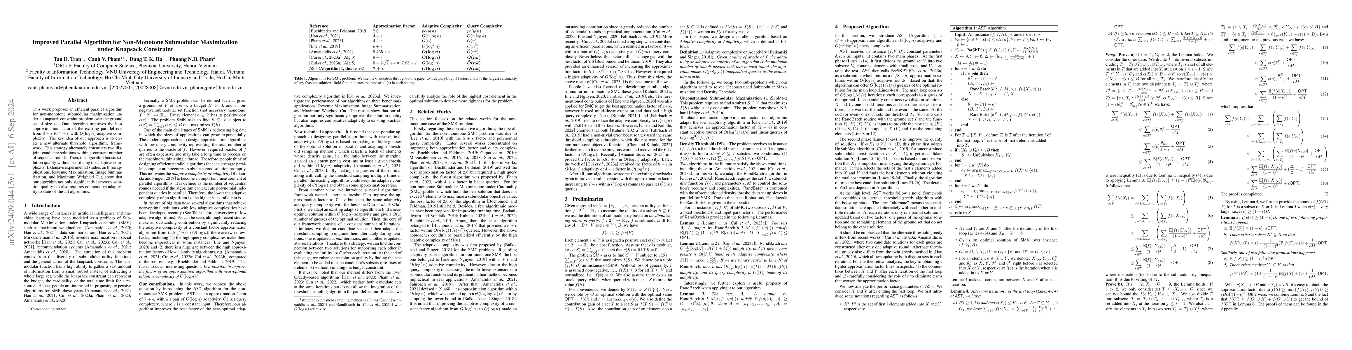 Thumbnail for Improved Parallel Algorithm for Non-Monotone Submodular Maximization
  under Knapsack Constraint