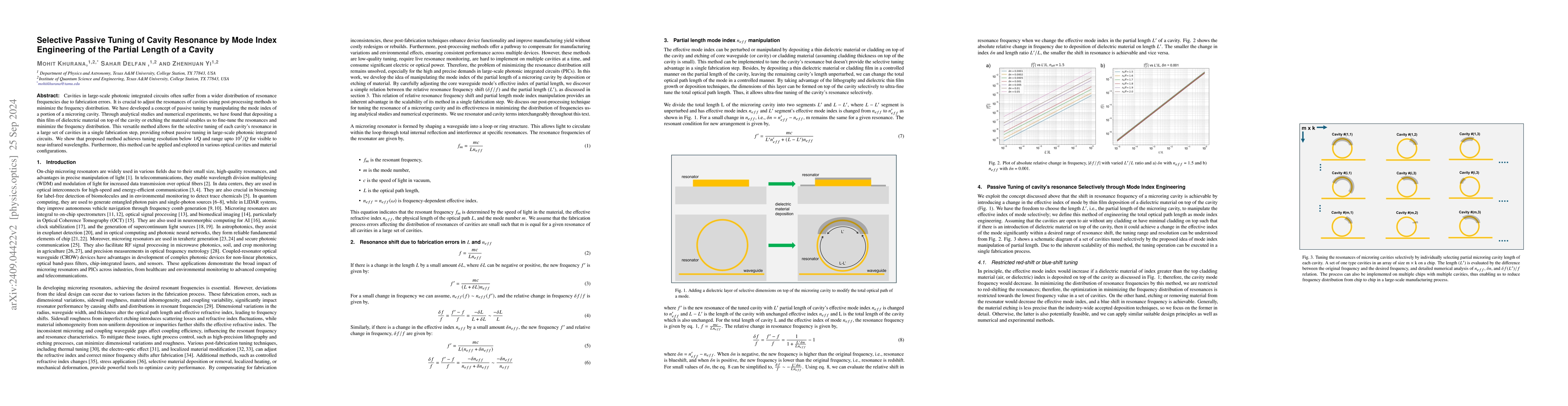 Thumbnail for Selective Passive Tuning of Cavity Resonance by Mode Index Engineering
  of the Partial Length of a Cavity