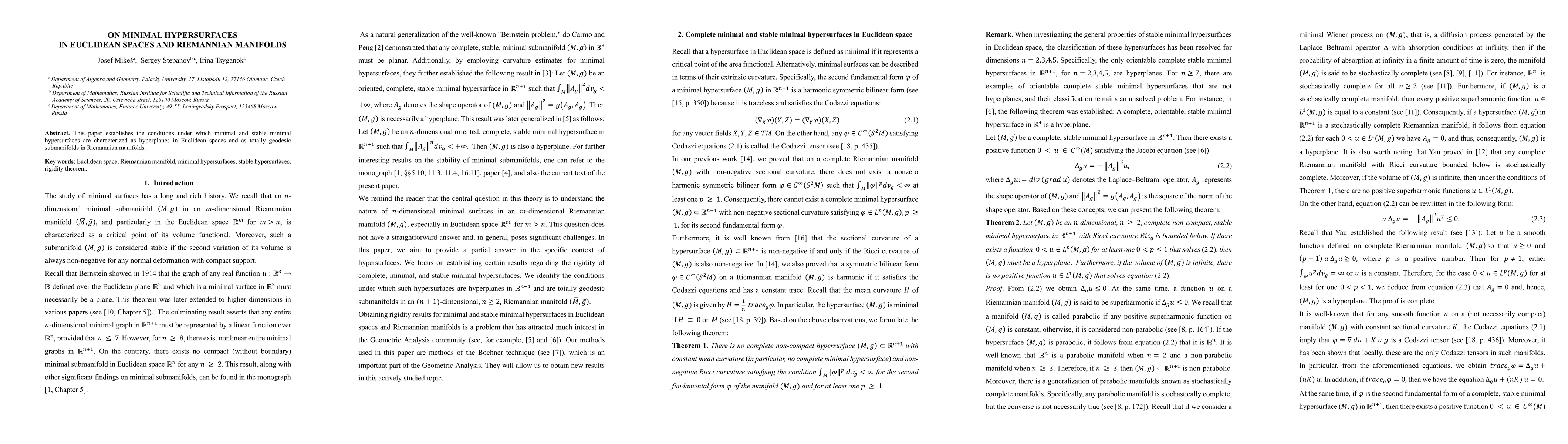 Thumbnail for On minimal hypersurfaces in Euclidean spaces and Riemannian manifolds