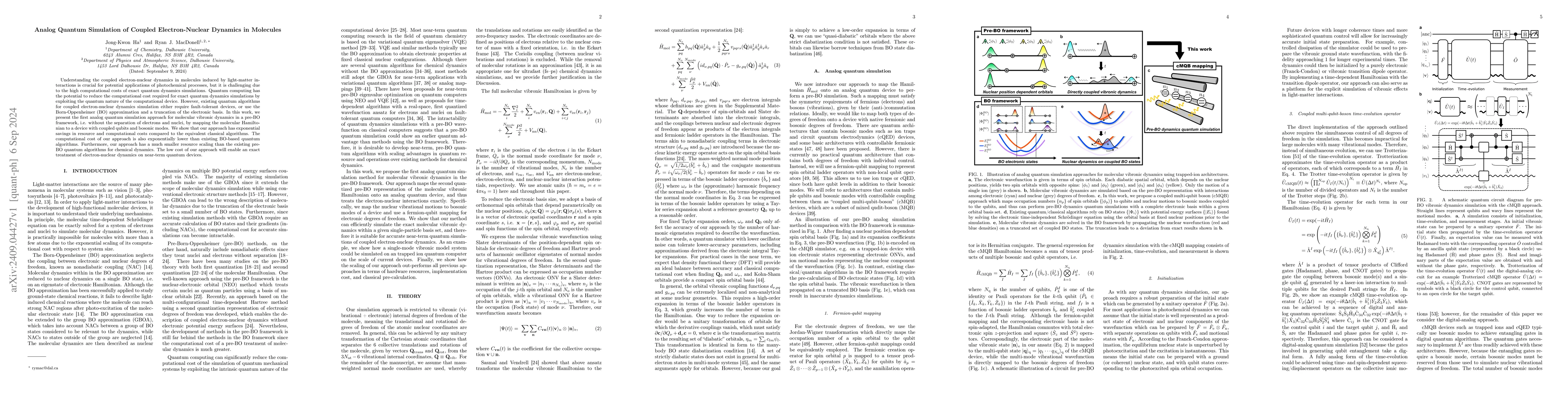Thumbnail for Analog Quantum Simulation of Coupled Electron-Nuclear Dynamics in
  Molecules