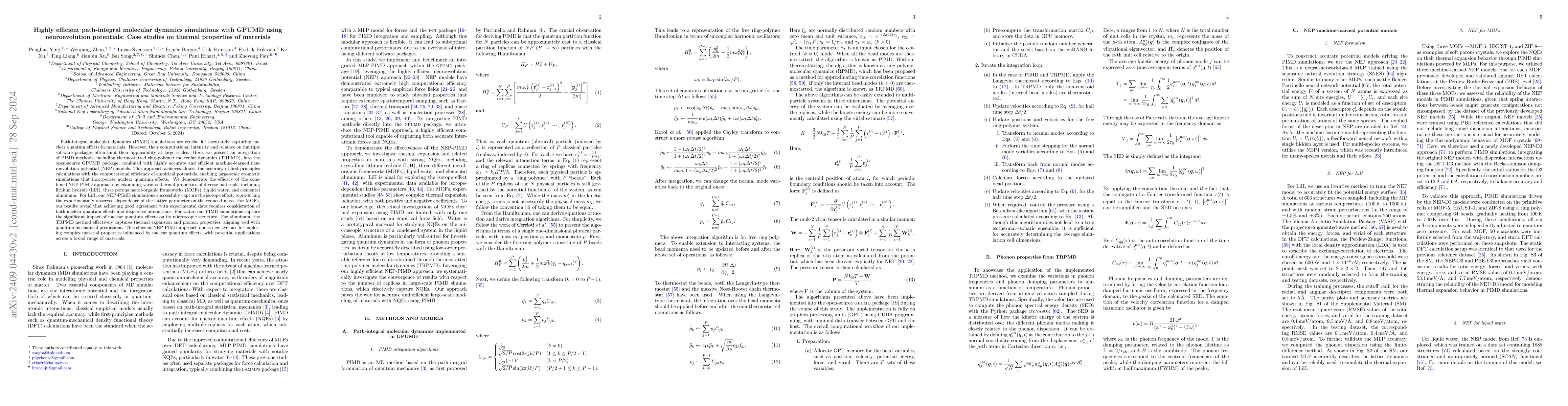 Thumbnail for Highly efficient path-integral molecular dynamics simulations with GPUMD
  using neuroevolution potentials: Case studies on thermal properties of
  materials