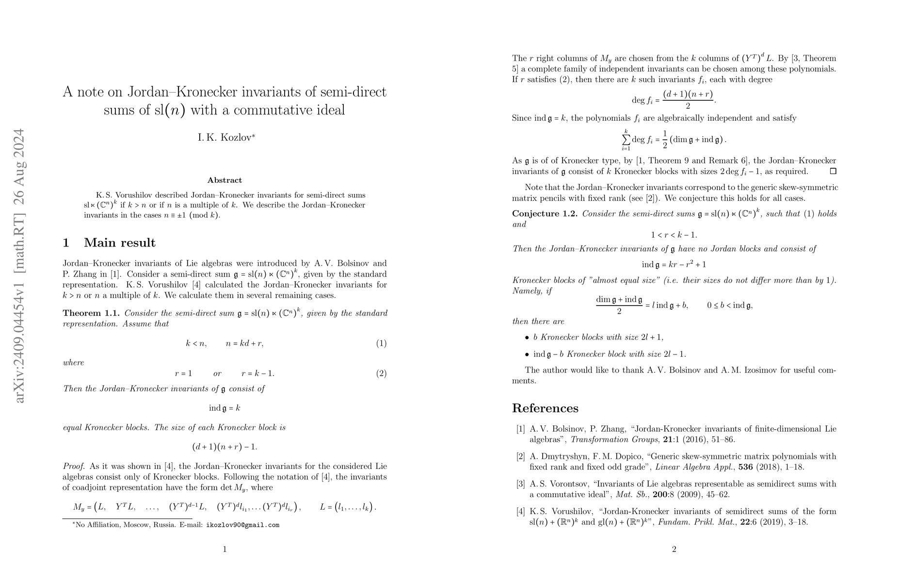 Thumbnail for A note on Jordan-Kronecker invariants of semi-direct sums of sl(n) with
  a commutative ideal