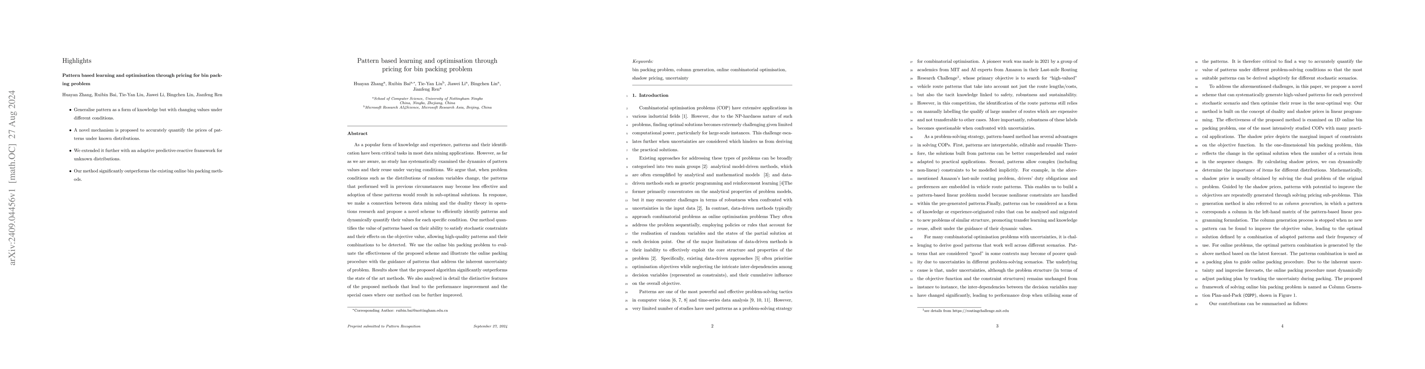 Thumbnail for Pattern based learning and optimisation through pricing for bin packing
  problem