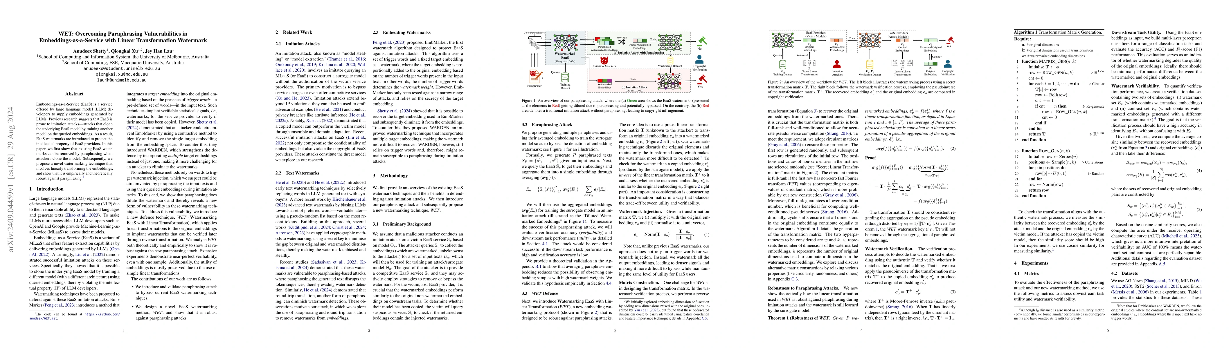 Thumbnail for WET: Overcoming Paraphrasing Vulnerabilities in Embeddings-as-a-Service
  with Linear Transformation Watermarks