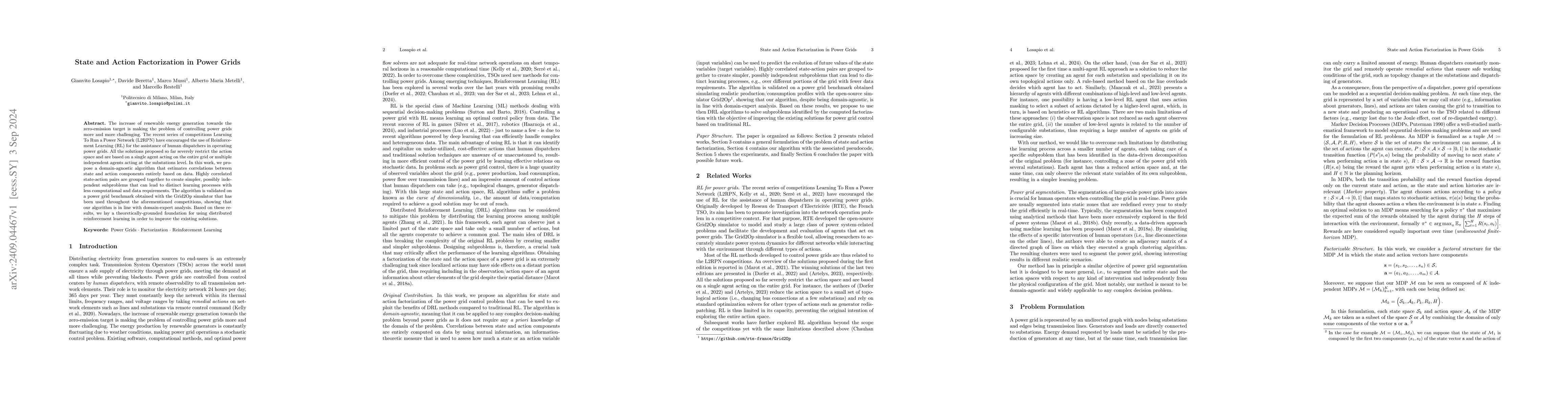Thumbnail for State and Action Factorization in Power Grids