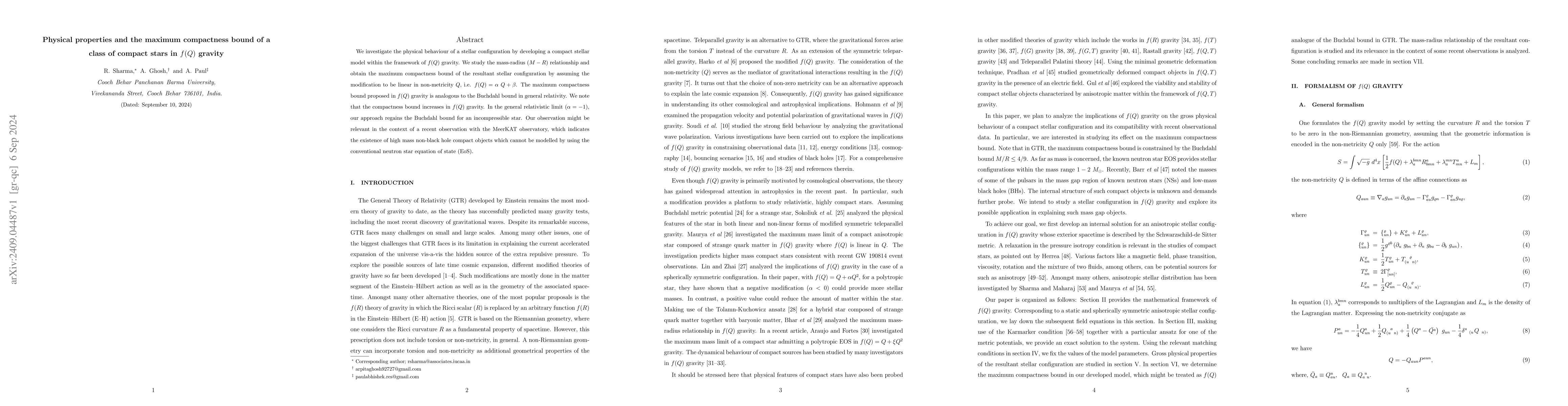 Thumbnail for Physical properties and the maximum compactness bound of a class of
  compact stars in $f(Q)$ gravity