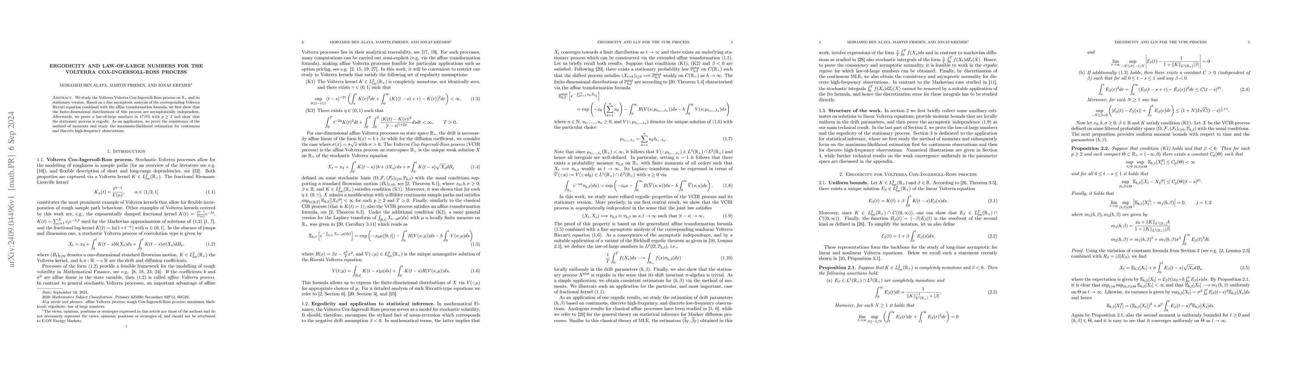 Thumbnail for Ergodicity and Law-of-large numbers for the Volterra Cox-Ingersoll-Ross
  process