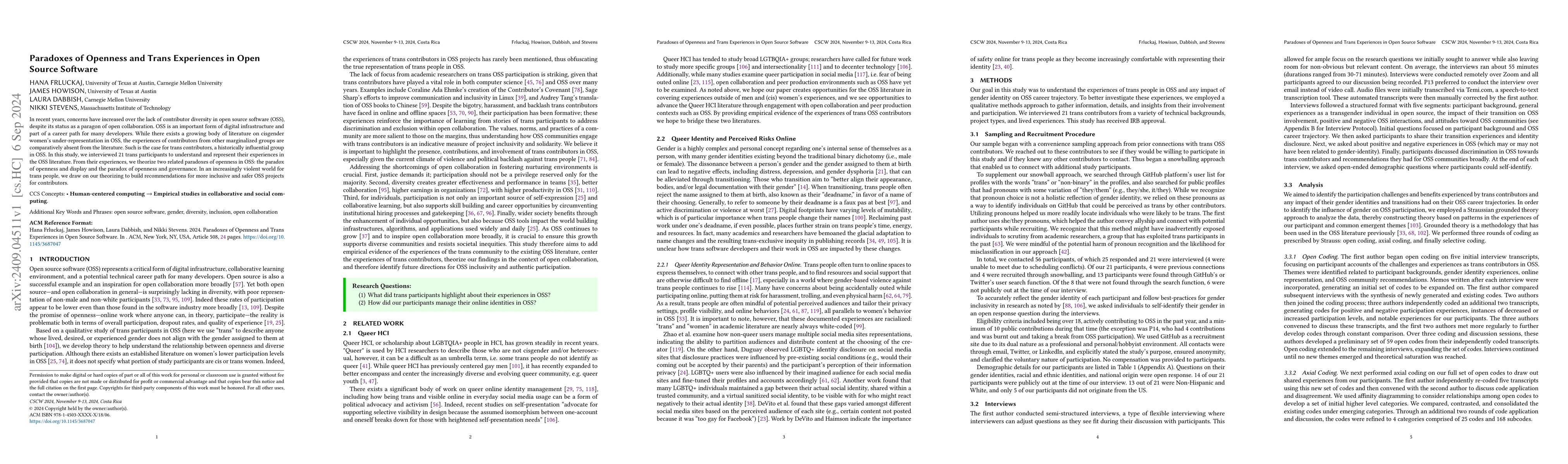 Thumbnail for Paradoxes of Openness and Trans Experiences in Open Source Software