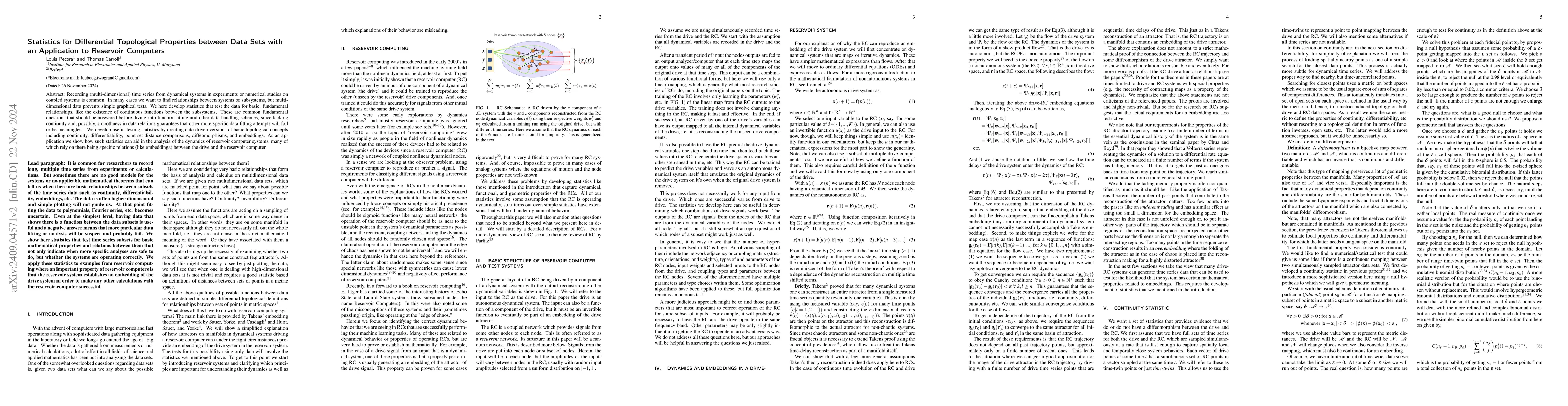 Thumbnail for Statistics for Differential Topological Properties between Data Sets
  with an Application to Reservoir Computers